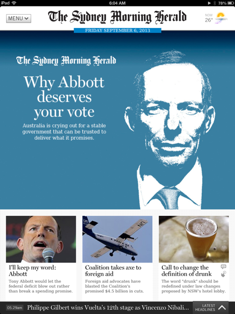 Sydney Morning Herald online election front page